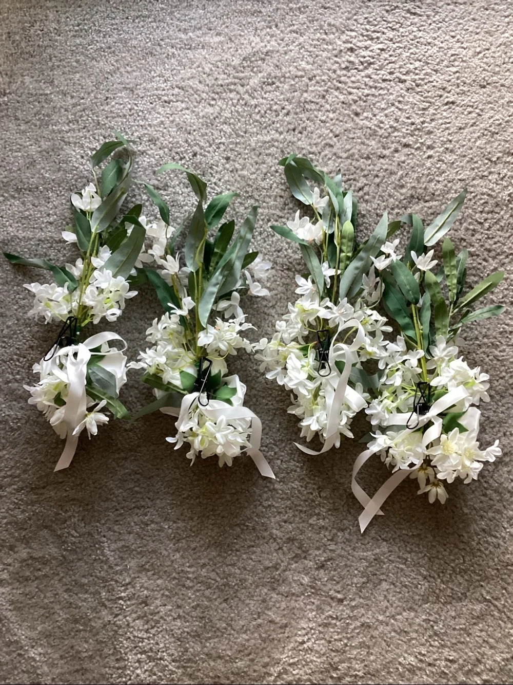 Pew Clip On Decorations - White Artificial Roses with green foliage - 4 included